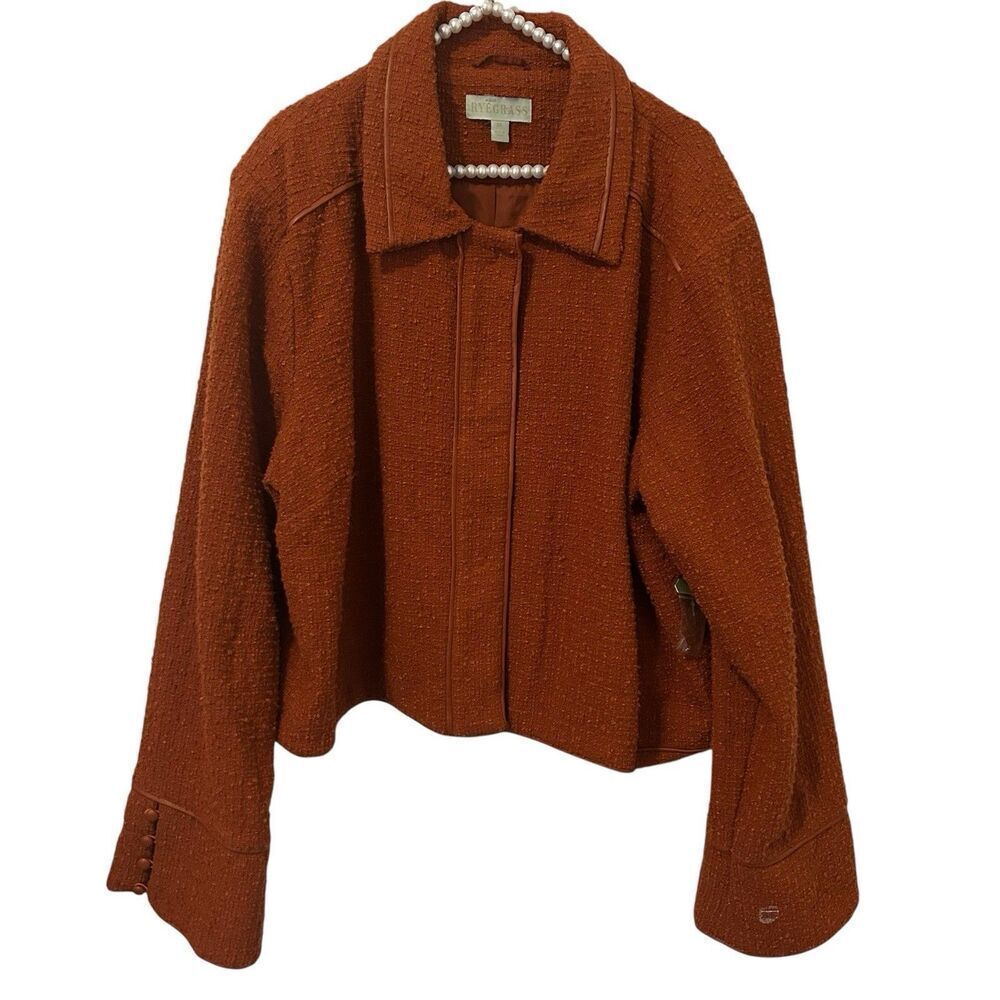 Rye Grass Tweed Faux Leather Trim Womens 3X Blazer Rust Bell Sleeves NWT Office